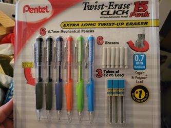 Pentel Twist-Erase Click Mechanical Pencil Set - 6 Mechanical Pencils, 6 Extra Erasers, 3 Tubes of Lead Refills
