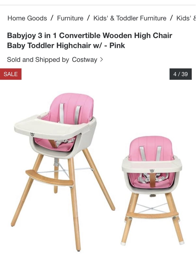 Baby joy 3 in 1 Convertible Wooden High Chair Baby Toddler In Pink