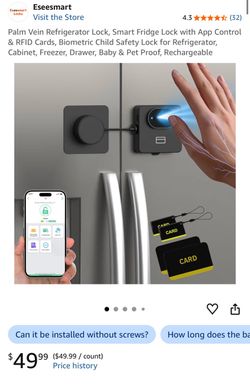 Palm Vein Refrigerator Lock, Smart Fridge Lock with App Control & RFID Cards, Biometric Child Safety Lock for Refrigerator, Cabinet, Freezer, Drawer, 