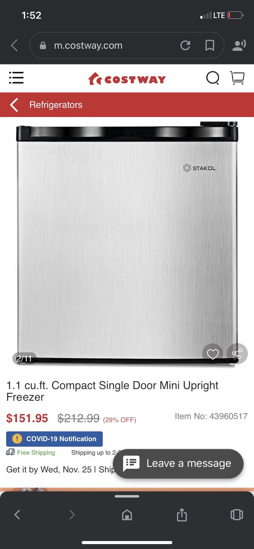 Compact single door mini upright freezer