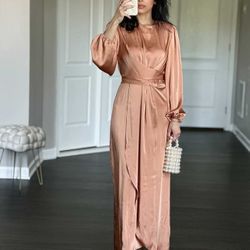 Brown orange satin wrapped dress