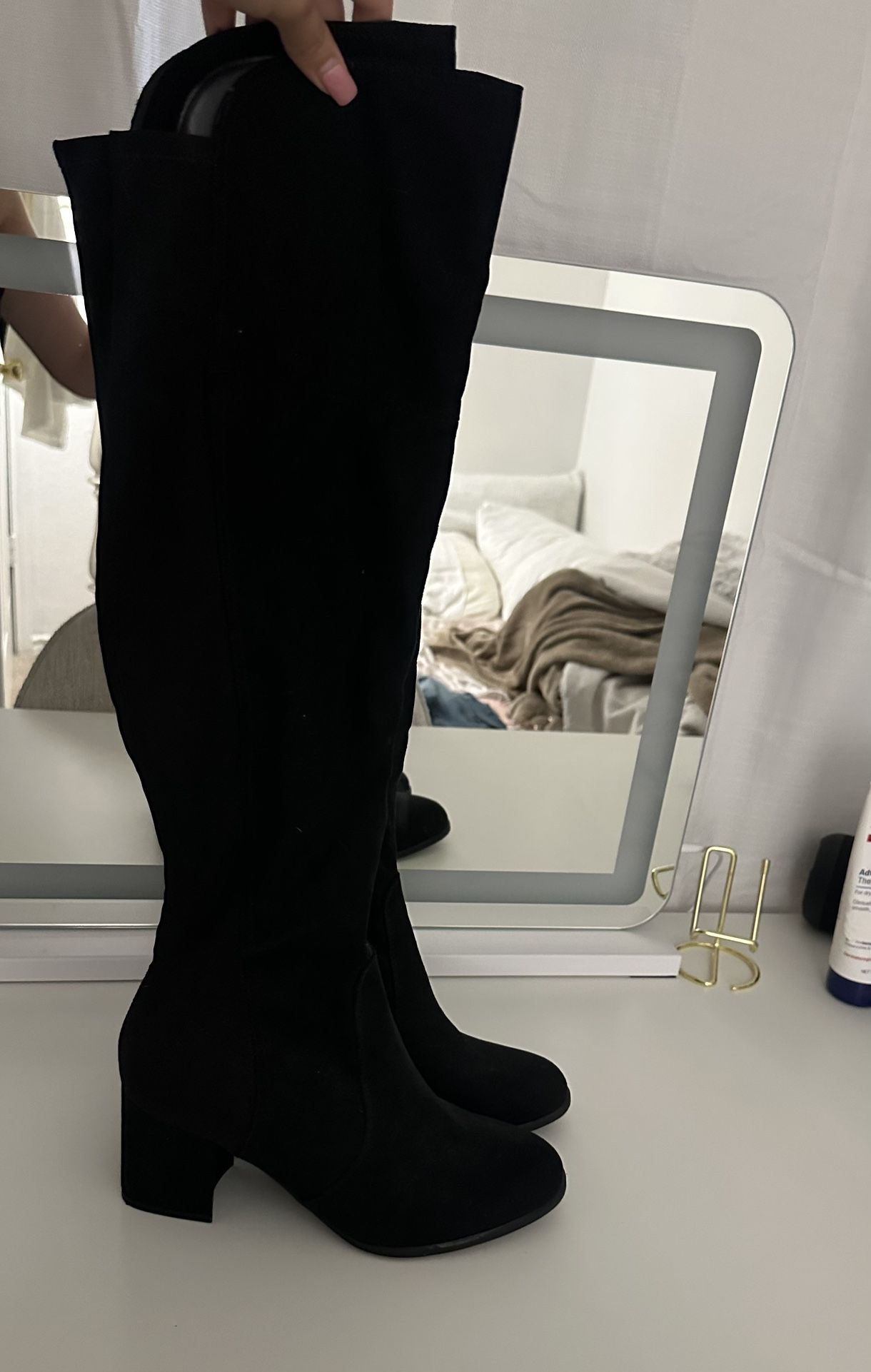 Black Suede Knee-High Block Heel Boots