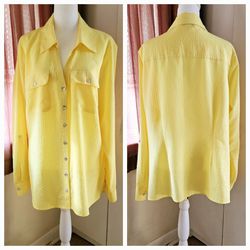Size 1X Studio Works Woman Yellow Long-Sleeved Button Up Collared Casual Dress Shirt Top with Checkered Basket Weave Texture. 100% Polyester. 

Measur