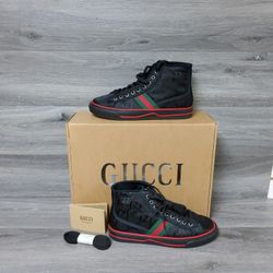 Gucci Tennis 1977 Black OG Logo High Top Sneakers Off The Grid Size 9 US