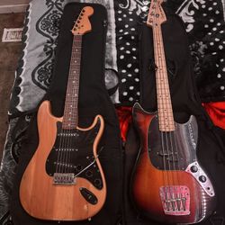 mustang bass and electric guitar(squire fendor)