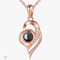 Custom 100 Languages AND Photo Projection Necklace Rose Gold Heart