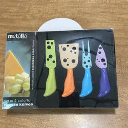 Metalla Cheese Serving Set Knives Fork 4 European Style Green Orange Blue Purple