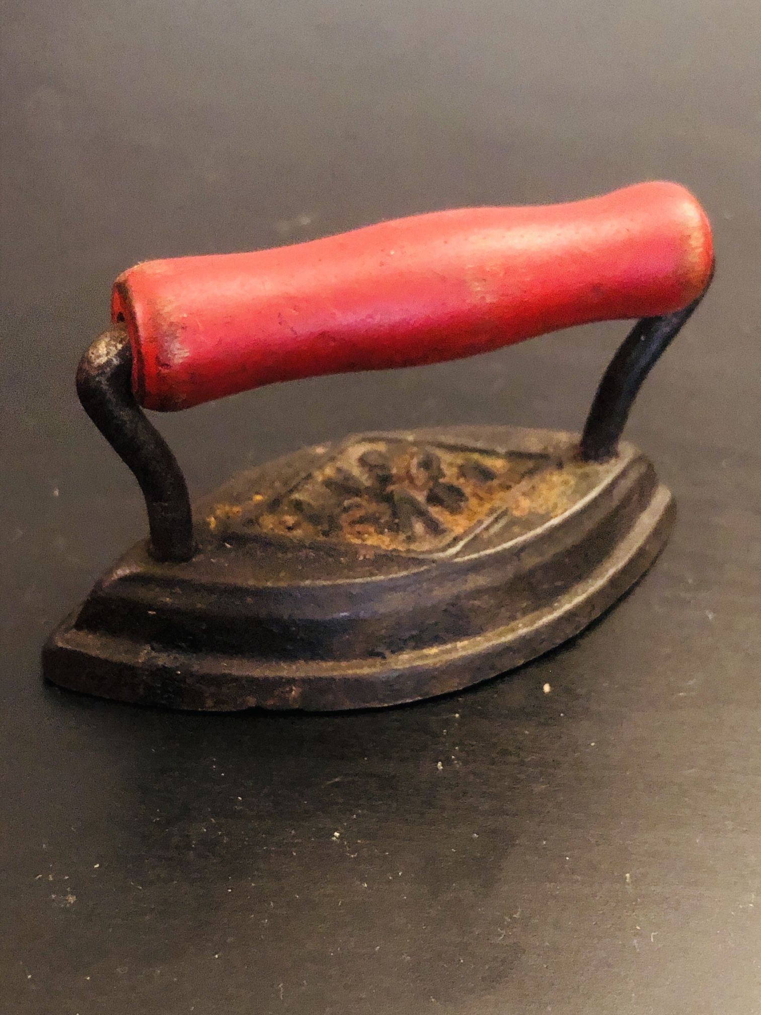 Vintage Toy/ Decor Miniature Dover Sad Iron with red wood handle
