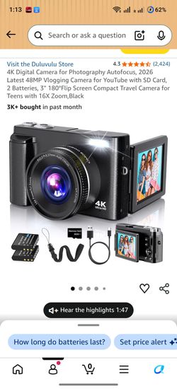 4K Digital Camera for Photography Autofocus, 2026 Latest 48MP Vlogging Camera for YouTube with SD Card, 2 Batteries, 3" 180°Flip Screen Compact Travel