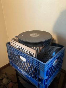 Milk, crate of old records,