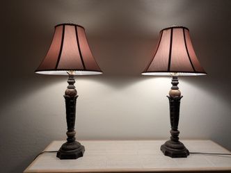 Pair of Vintage Traditional Table Lamps | Faux Bronze & Marble Base, Fabric Shades