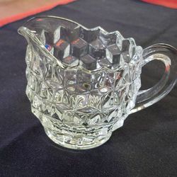 Vintage Fostoria American Pressed Glass footed creamer pitcher 3D stacked cube design sawtooth rim starburst bottom A68V631