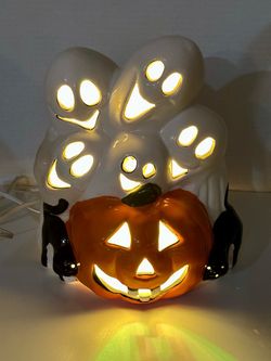 Vintage Pacific Rim Ghost Cluster with Jack-O-Lantern and Black Cats Ceramic Light-Up Halloween Decoration