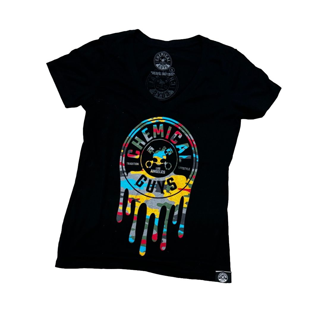 Women's Chromatic Camo Chemical Guys Multicolor Logo T-Shirt Black Shirt Printed Both Sides Size S