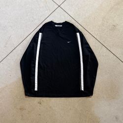 Nike Y2K Long Sleeve Shirt Mens L Black White Stripe V Neck Swoosh Athletic