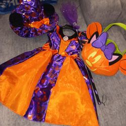 Disney Minnie Mouse Witch Costume Set Bundle Dress Hat Bucket Pail