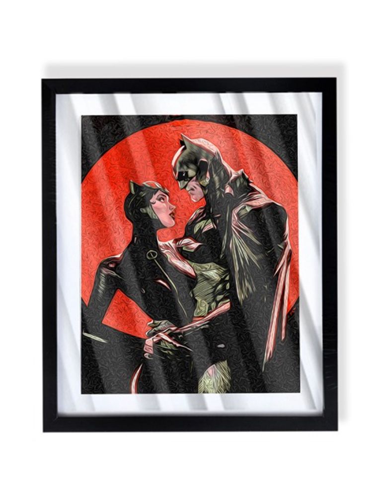 Batman and Catwoman in love under red moon art piece on black frame