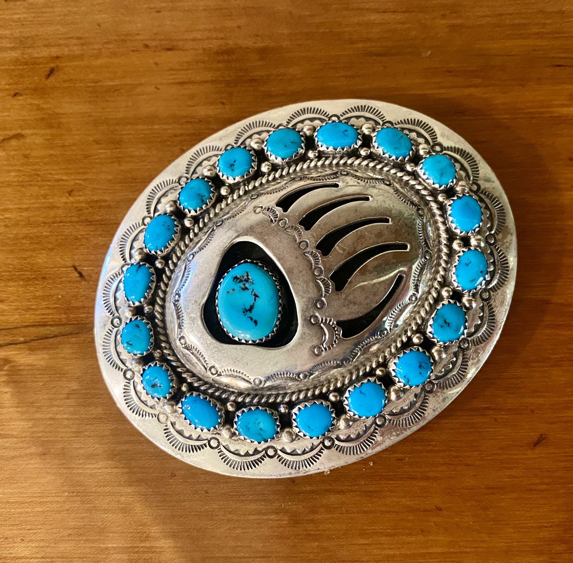 Native American Wilbur Muskett Sterling Silver Turquoise Bear Paw Belt Buckle