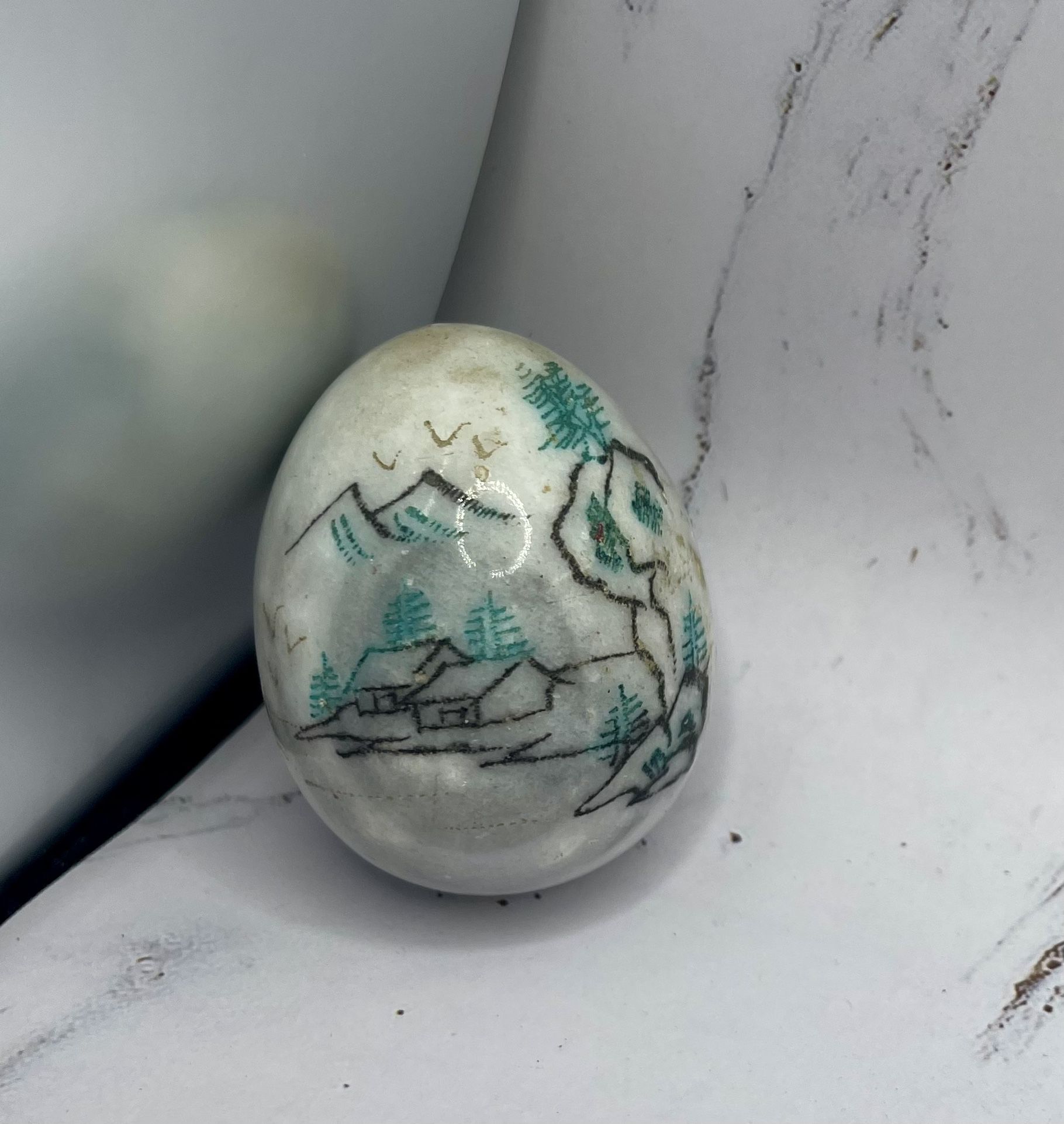Vintage Marble Asian Forest Mountain Village Etched Painted Alabaster Egg