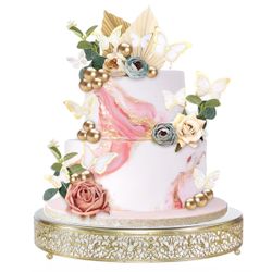 FEICTPOX 16 Inch Luxury Light Gold Cake Stand, Round Metal Dessert Display with Ornate Filigree Lace, Dual?Coated Premium Finish for Wedding, Annivers