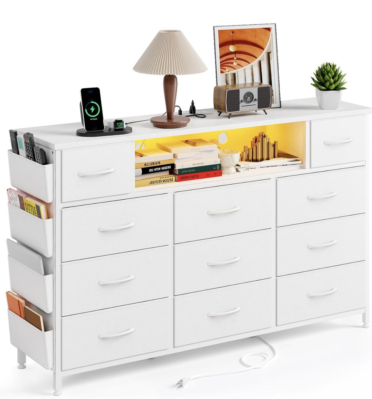 Fixwal White Dresser for Bedroom with Power Outlets and LED Lights 11 Drawers Dresser with Side Pocket for Kids Bedroom, Fabric Chest of Drawers, for