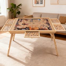 27 H Tall 1500 Piece Puzzle Table with Legs, 5 Drawers, 34 W x 26 D Large Wood Folding Jigsaw Puzzle Board for Adults, Nature