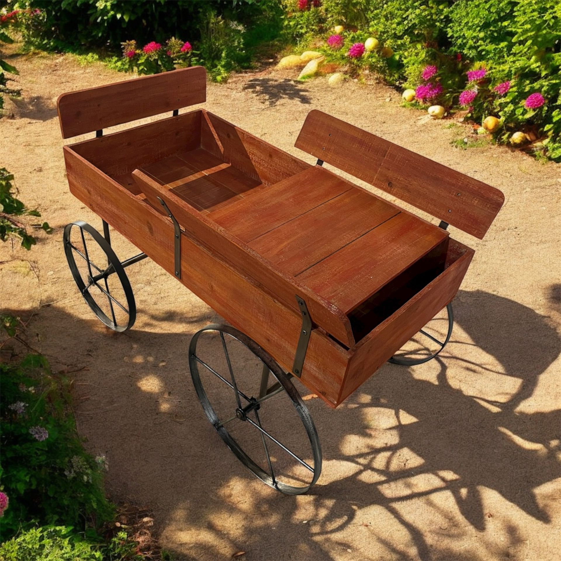 Rustic Wooden Metal Hay Cart Planter for Garden Patio Outdoor Decor - 61”