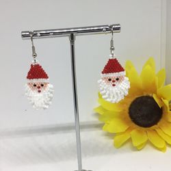 Bearded Santa Fringe Earrings Christmas Beaded Red White Handmade Miyuki