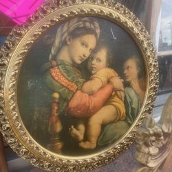 Vintage Gold Carved Frame Madonna And Child Art Work Picture Home Decor  