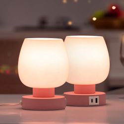 set of 2 Pink Touch Table Lamp with USB Charging 3 Way Dimmable Small Lamps