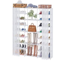 Buzowruil 9 Tiers Large Shoe Rack Shoe Storage Shoe Organizer 50-55 Pairs Shoe Tower Metal with Curtain for Entryway,White