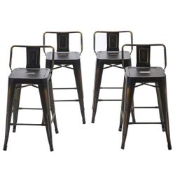 Metal Bar Stools Set of 4 Distressed Industrial Counter Bar Stool with Backs Bistro Cafe Barstools(30 inch, Distressed Gold,Metal Back)