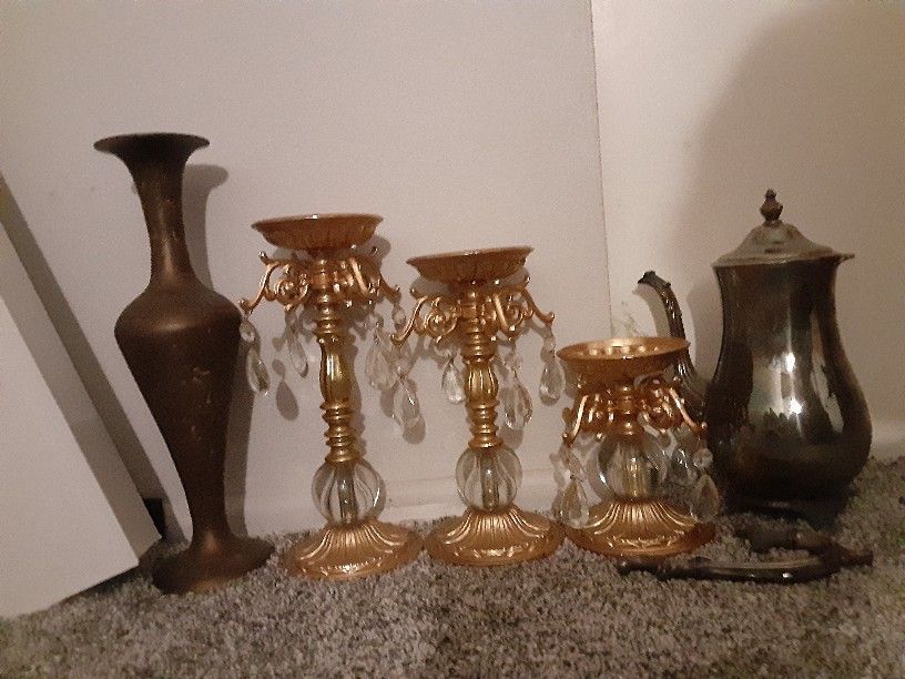 70's Stuff, Candle Stands,brass Vase, International Silver CO Tea Kettle