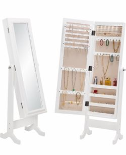 Armoire Cabinet Standing Mirror Full Length with Jewelry Storage, LED Lights 5 Adjustable Angles Jewelry Mirror Cabinet Women (White, 13.50 "D x 17.99