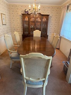 Vintage French Provincial 8-Piece Dining Set: Oval Table, 6 Cane Chairs & China Cabinet