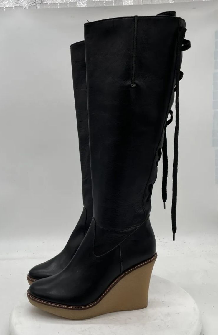 Juicy Couture Italian Tall Lace-Back Leather Wedge Boots Size 7.5 Platform Y2K