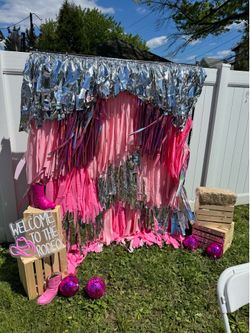 Pink & Silver Metallic Fringe Backdrop For Sale