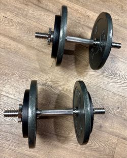 Standard Set of Adjustable Cast Iron Dumbbells, (4) 10s, (4) 5s and NEW Dumbbell Bars.
