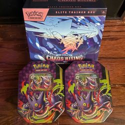 Pokémon Lot Chaos Rising Elite Trainer Box and Mega Gengar Ex tins