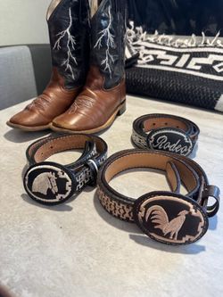 Western Leather Belts with Embroidered Buckles – Set of 3