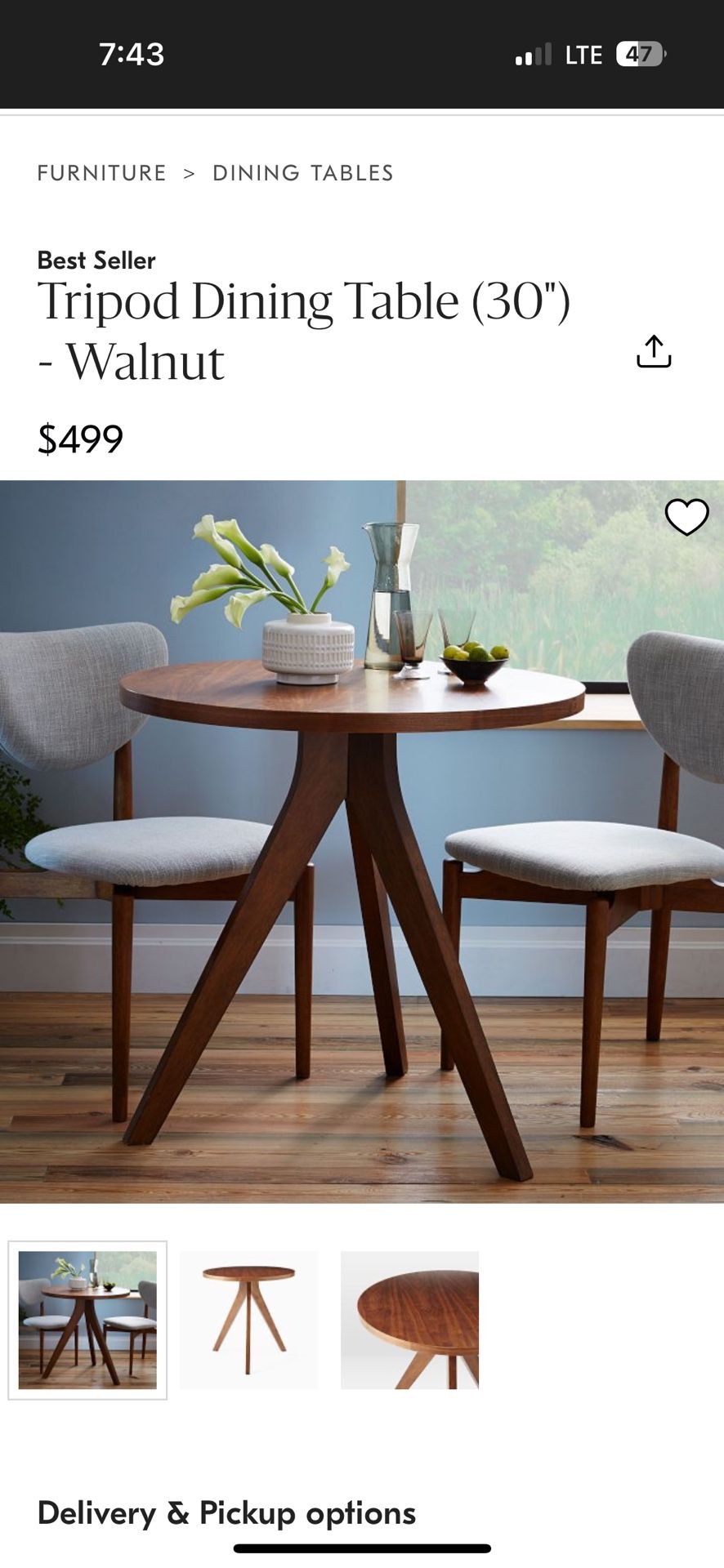Sleek West Elm Tripod Dining Table – Walnut, 30” Round