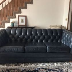 Tuffed Blue Leather Couch and Queen Ann Chair
