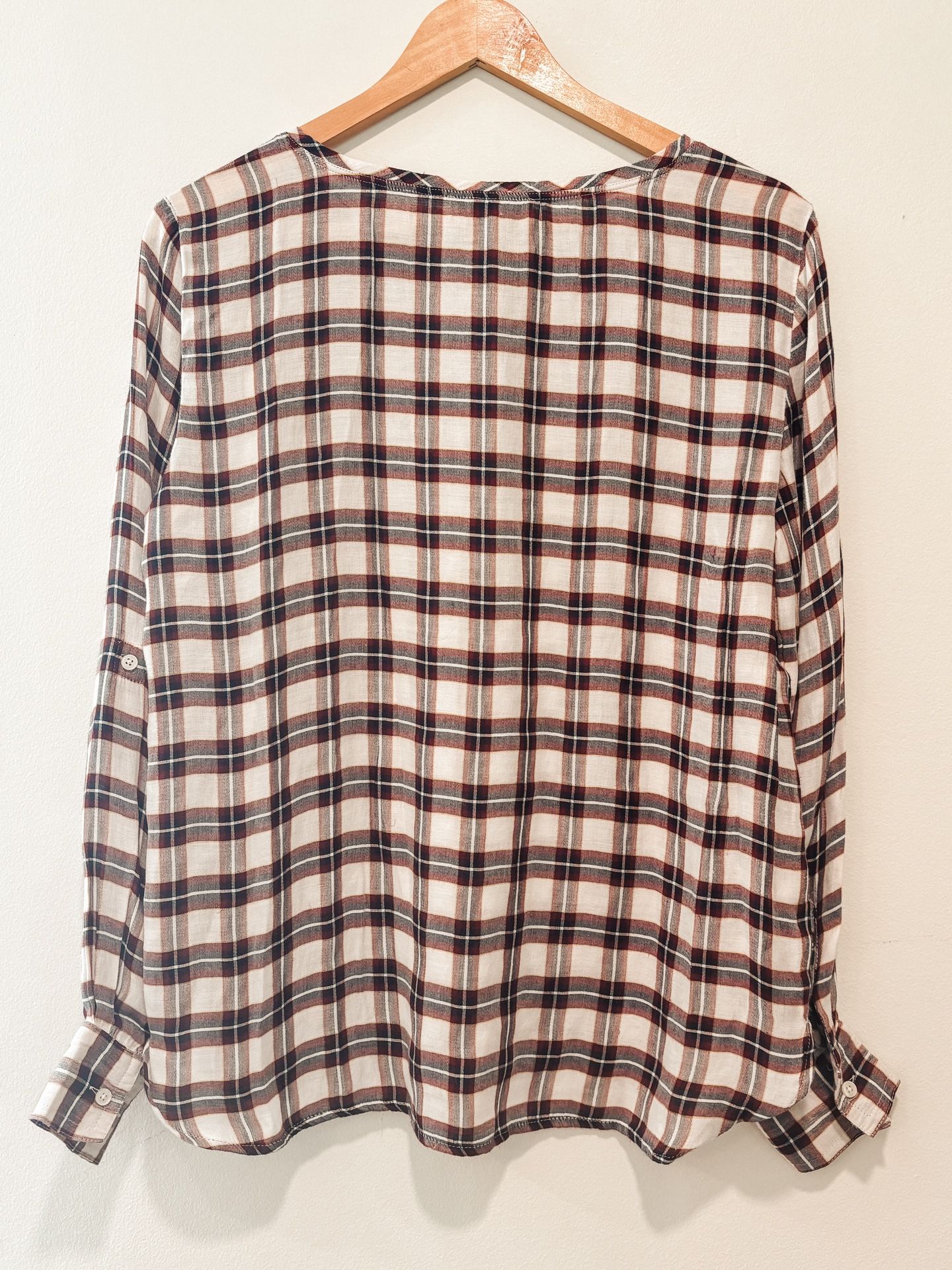 LOFT Autumn Plaid Blouse Softened Long Sleeve Crew Neck Cream Brown Rayon Size S