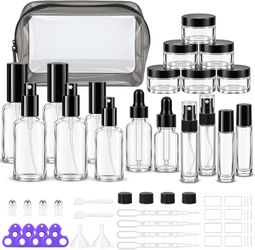 Glass travel bottle kit with labels and filling tools