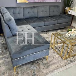 Grey Velvet Gold Accent Sectional Sofa New Pay Later