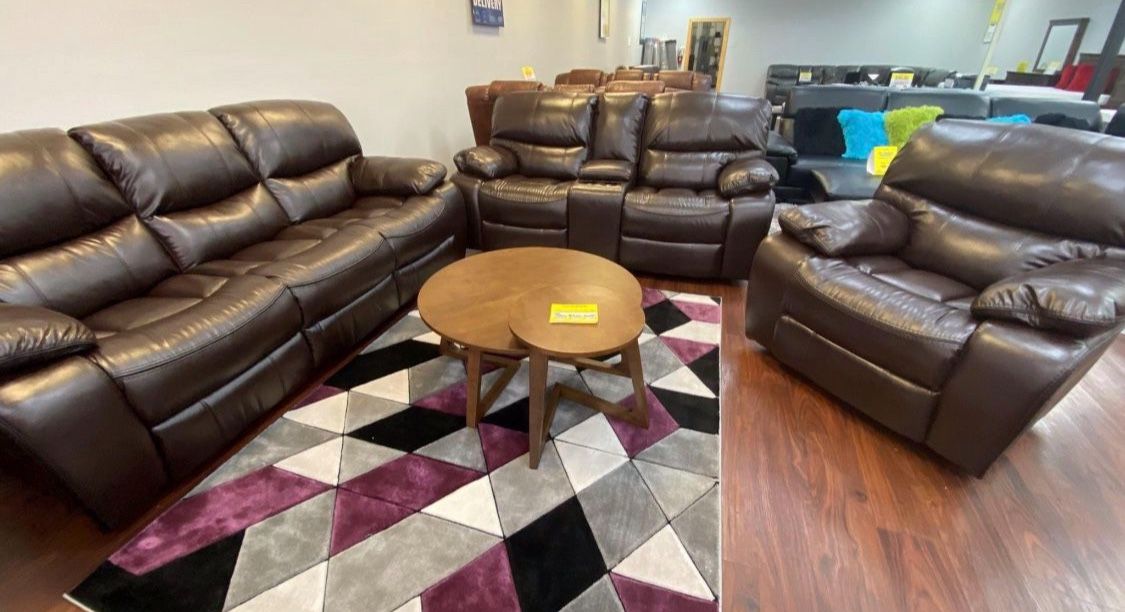 Summer clearance sale. Madrid brown leather reclining sofa and loveseat set $1199. Recliner chair, $399. Easy finance option. Same-day delivery.