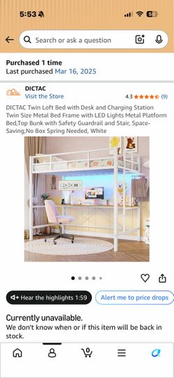 DICTAC Twin Loft Bed with Desk and Charging Station