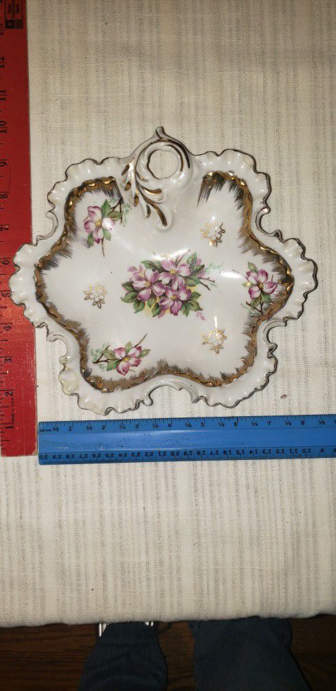 Antique Ruffled Edge Porcelain Rose Flower Candy Dish With Gold Trim