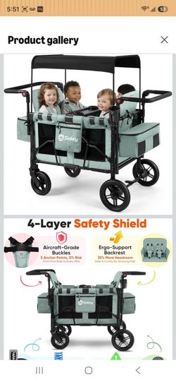 Sekey 4 Seater Stroller Wagon for Kids - Premium Quality with Convertible Seats, Adjustable Push Handles, Removable Canopy, Snack Tray & Cooler, US Ce