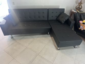 New Sectional / Sleeper. Black Or White Leather. 99x62x34H; 72x70x23H. St Ht 16”. Free Delivery!